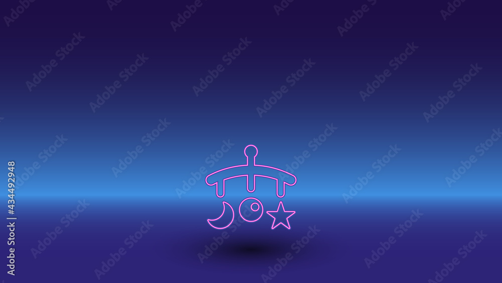 Neon baby mobile symbol on a gradient blue background. The isolated symbol is located in the bottom center. Gradient blue with light blue skyline Neon baby mobile symbol on a gradient blue background. The isolated symbol is located in the bottom center. Gradient blue with light blue skyline