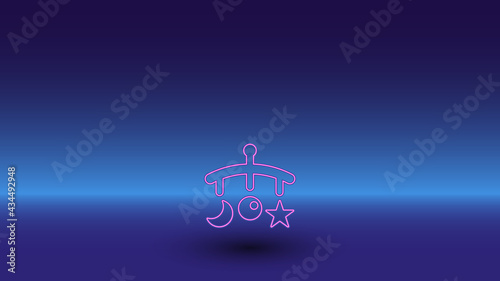 Neon baby mobile symbol on a gradient blue background. The isolated symbol is located in the bottom center. Gradient blue with light blue skyline