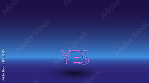 Neon yes symbol on a gradient blue background. The isolated symbol is located in the bottom center. Gradient blue with light blue skyline