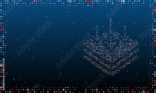 On the right is the absorbent symbol filled with white dots. Pointillism style. Abstract futuristic frame of dots and circles. Some dots is red. Vector illustration on blue background with stars