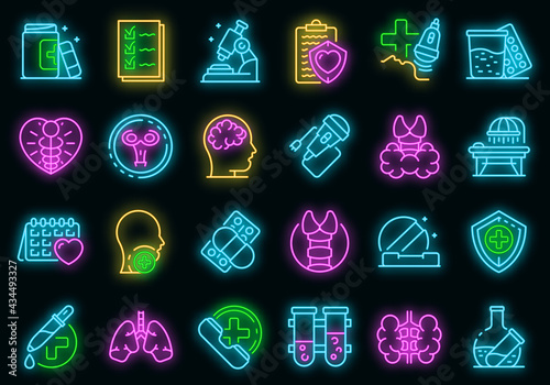 Endocrinologist icons set. Outline set of endocrinologist vector icons neon color on black