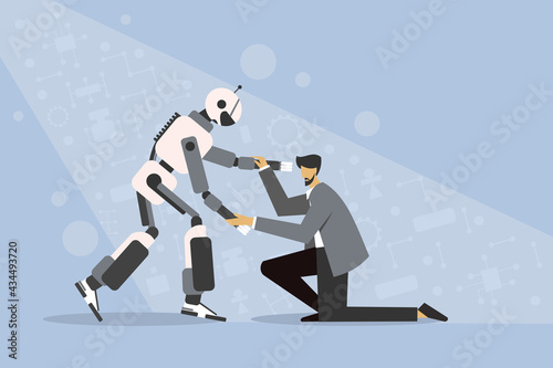Conceptual illustration of a  robot helping a man to stand up on his own feet
