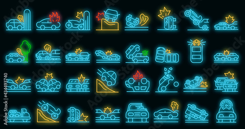 Car accident icons set. Outline set of car accident vector icons neon color on black