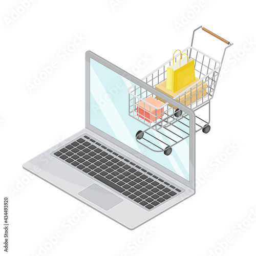 Laptop with Cart Full of Package as Shopping and Retail Industry Isometric Vector Illustration