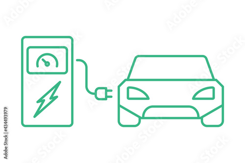 Green electric car charging at the charger station. Battery powered automobile. Clean alternative energy. Hybrid auto with plug. Electricity fuel pump. Line icon. Vector illustration, flat, clip art