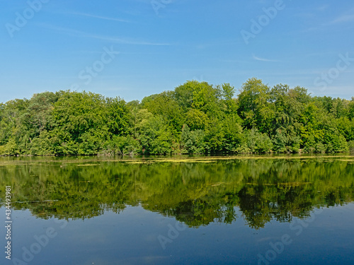  Sunny summer forest reflecting in the water of Comelles lake, Orry-la-Ville , Oise, France 