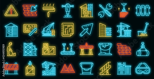 Building reconstruction icons set. Outline set of building reconstruction vector icons neon color on black