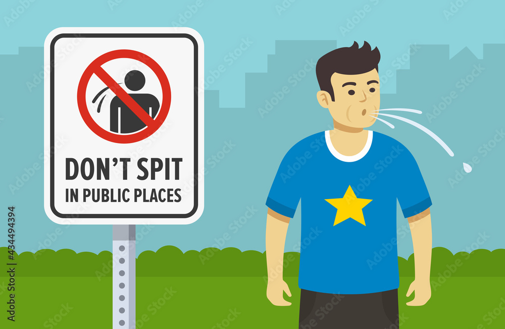 Spitting young male character. Big do not spit in public places warning sign. Flat vector illustration template.  - obrazy, fototapety, plakaty 