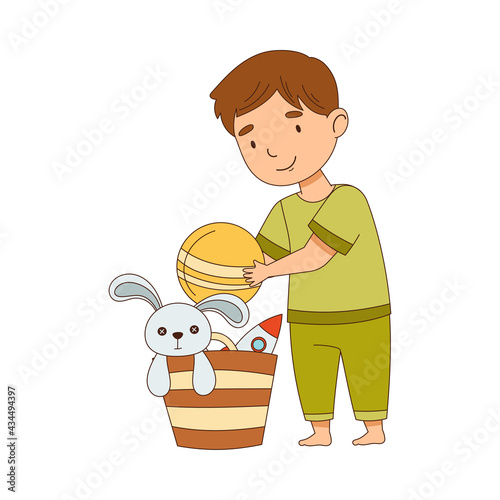 Cute Boy Picking Up Toys in Basket Getting Ready to Bedtime Vector Illustration