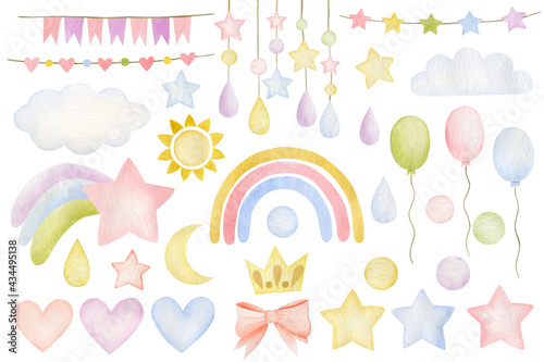 Watercolor set of star, rainbow, raindrop, cloud, sun, moon, crown, flags for the holiday isolated on white background. photo