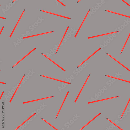Seamless pattern with red crayon on gray background. Art, business, school education concept.