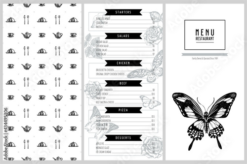 Vintage menu design with giant swordtail, african giant swallowtail, great orange-tip, plain tiger, papilio torquatus, roses photo