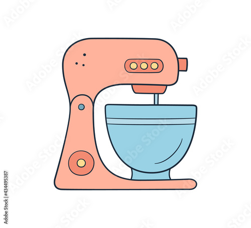 Stationary dough mixer with bowl in doodle style. Hand drawn vector illustration on white background.