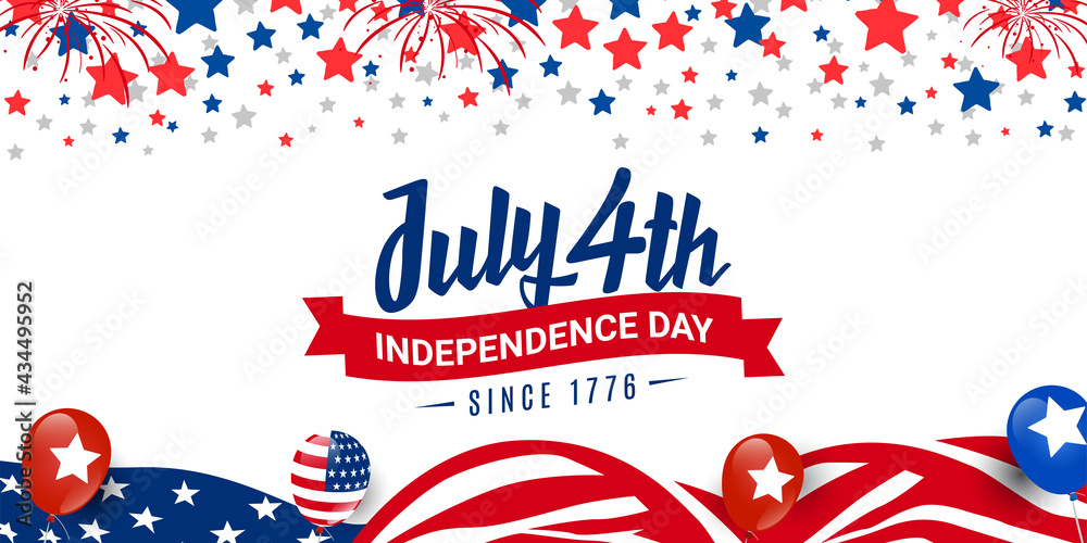 Obraz premium Happy 4th of July, independence day since 1776 design with ribbon on usa blue, red, white starburst; firework, waving USA flag, balloons background. 