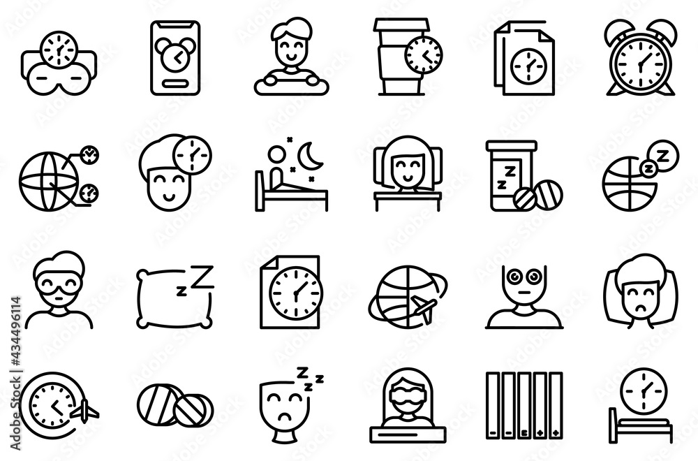 Jet lag icons set. Outline set of jet lag vector icons for web design isolated on white background