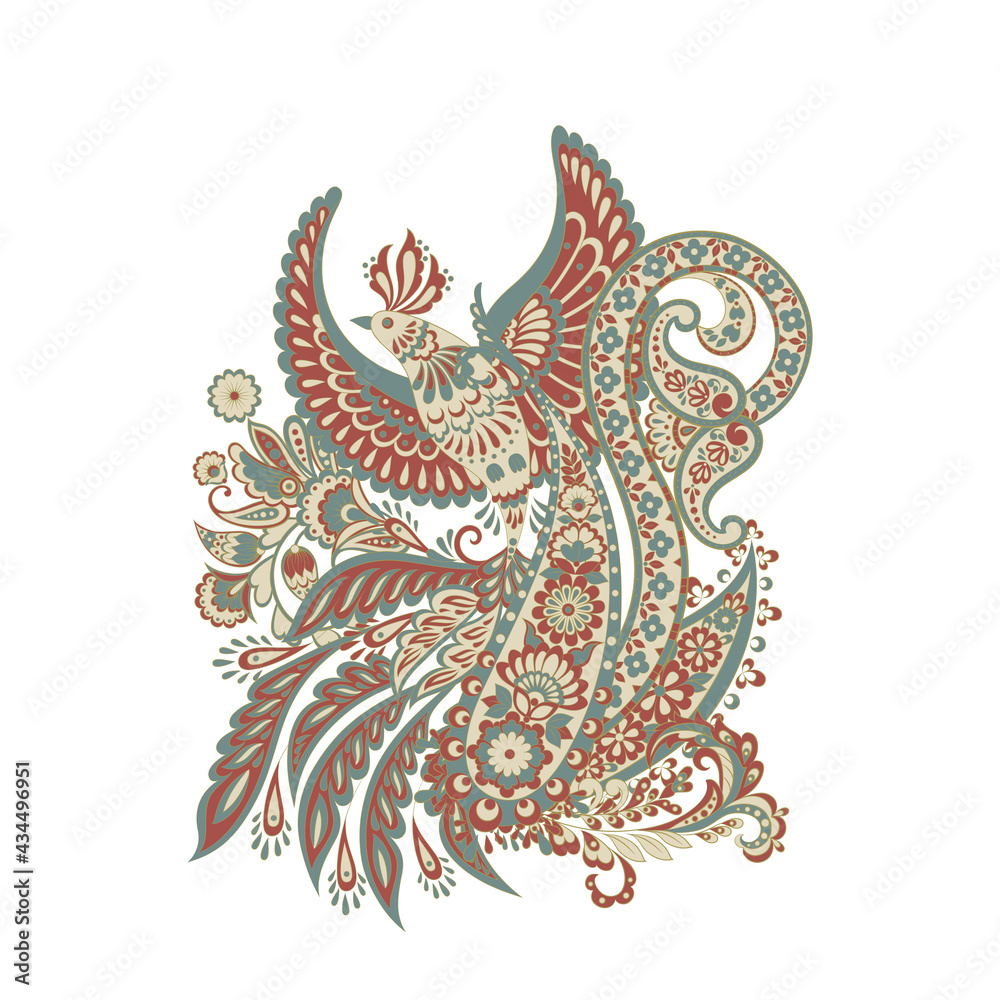 Flying Bird and Paisley vector isolated pattern. Vintage floral illustration in batik style