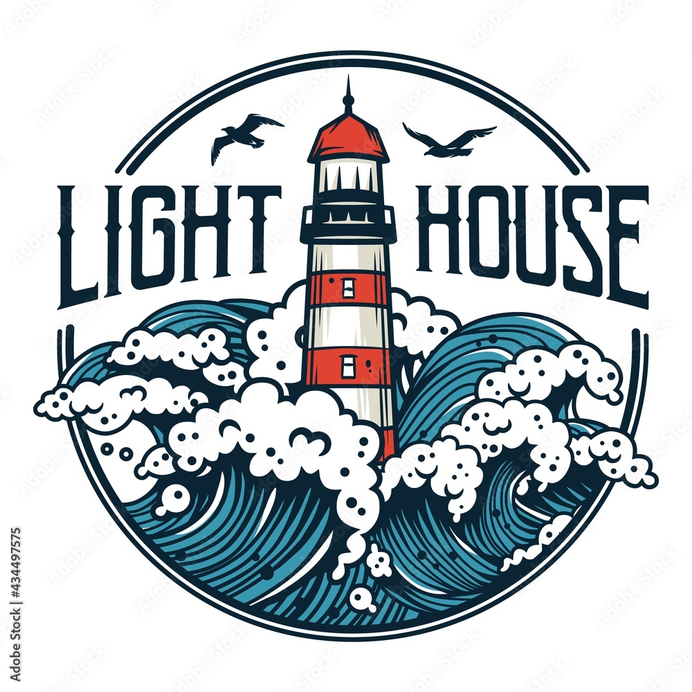 Lighthouse at marine wave. Nautical sea beacon for t-shirt print. Wanderlust and adventure illustration