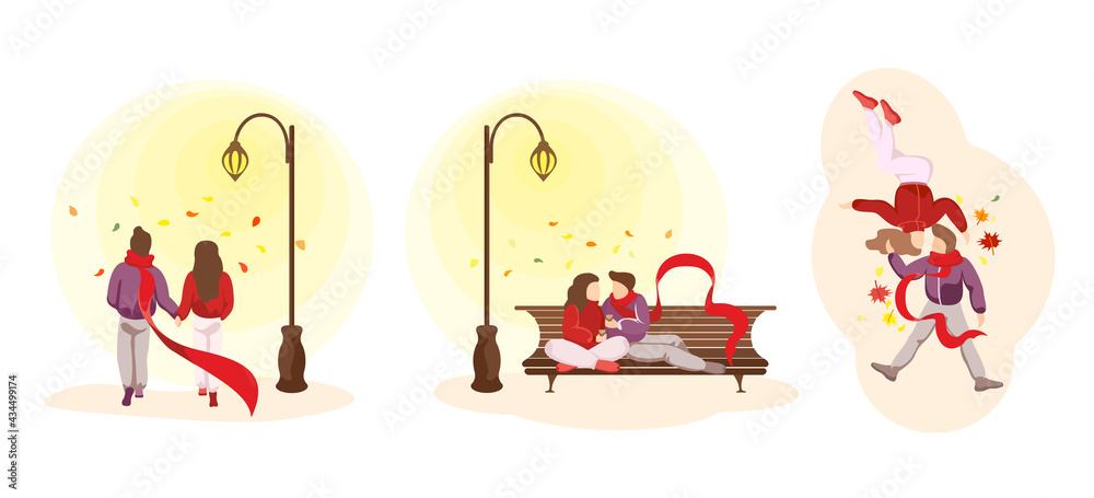 Fototapeta premium Young happy couple in love spend autumn fall time together in various relationship scenes. Man and woman during romantic date. Beloved male and female walking, hugging and kissing in park