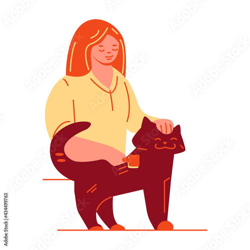 A young woman is combing a cat. Taking care of grooming for pets. Vector illustration in flat cartoon style.