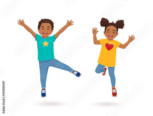 Happy african cute kids little boy and girl jumping together isolated vector illustration