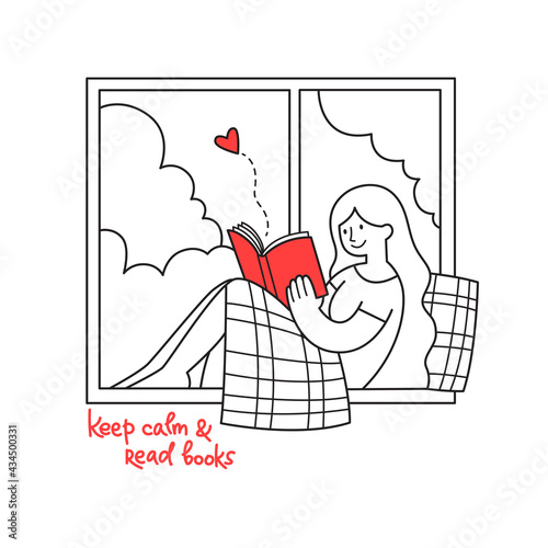 Doodle-style girl sits on the window reading a book. Literature fan, stay home concept. Isolated vector line art for social media, card, web banner, or print. Cartoon female character illustration. 