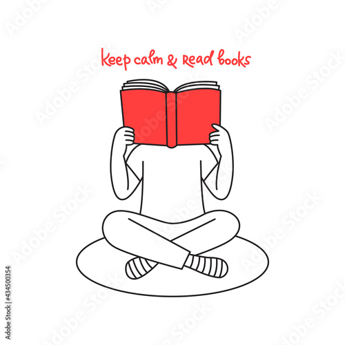 Cartoon man sitting in meditation pose and reading a book. Vector line art for social media, web, card, or advert. Minimalist illustration isolated on white background.  Keep calm and read lettering. 