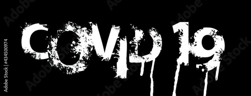 COVID 19. Coronavirus pandemic. Creative lettering in abstract white letters on a black background. Scary vector inscription in the form of abstract stains and splashes. Black and white banner