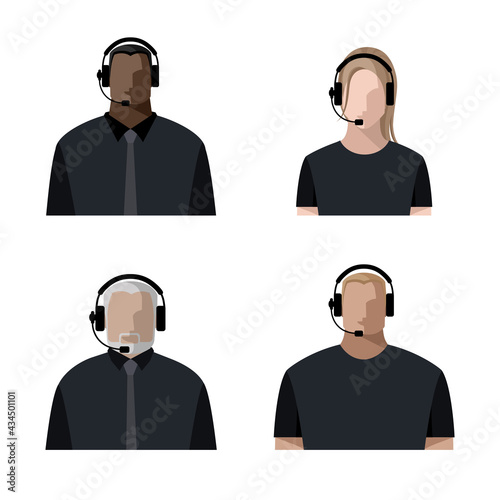 Operators men and women online, wearing headphones with a microphone, headset. Call center concept or support service, streamers, bloggers. Color avatars, isolated vector illustrations