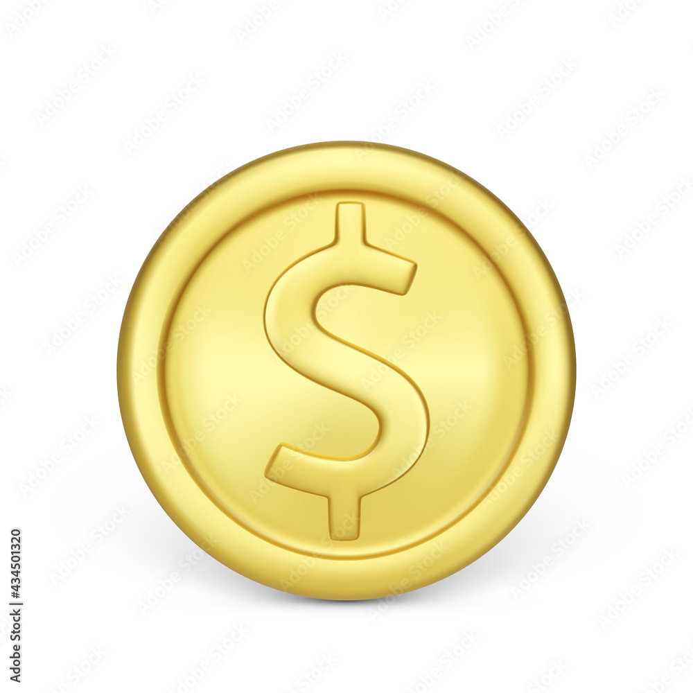 Golden coin front view. Finance and money. Realistic render of metallic coin. Vector illustration isolated on white Golden coin front view. Finance and money. Realistic render of metallic coin. Vector illustration isolated on white