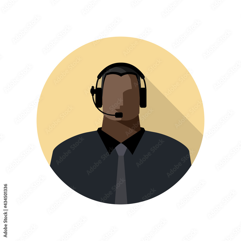 The operator is a young black man online, wearing headphones with a microphone, a headset. Call center employee or support service, blogger, streamer, or freelancer. Color avatar, vector The operator is a young black man online, wearing headphones with a microphone, a headset. Call center employee or support service, blogger, streamer, or freelancer. Color avatar, vector