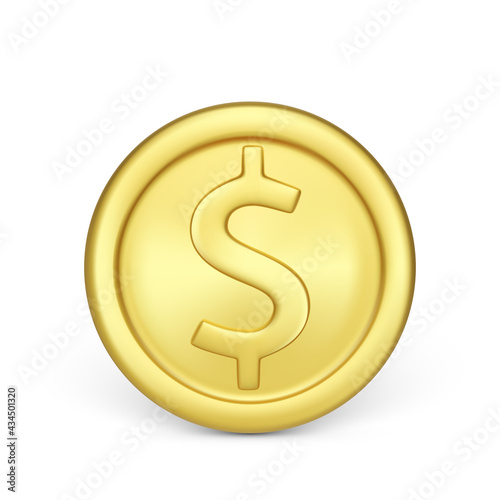 Golden coin front view. Finance and money. Realistic render of metallic coin. Vector illustration isolated on white