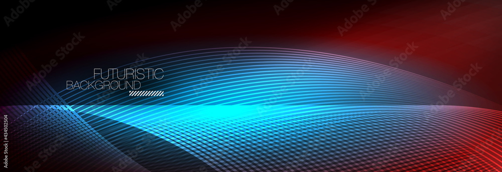 Abstract neon glowing light in the dark with waves. Shiny magic energy and motion concept, vector abstract wallpaper background Abstract neon glowing light in the dark with waves. Shiny magic energy and motion concept, vector abstract wallpaper background
