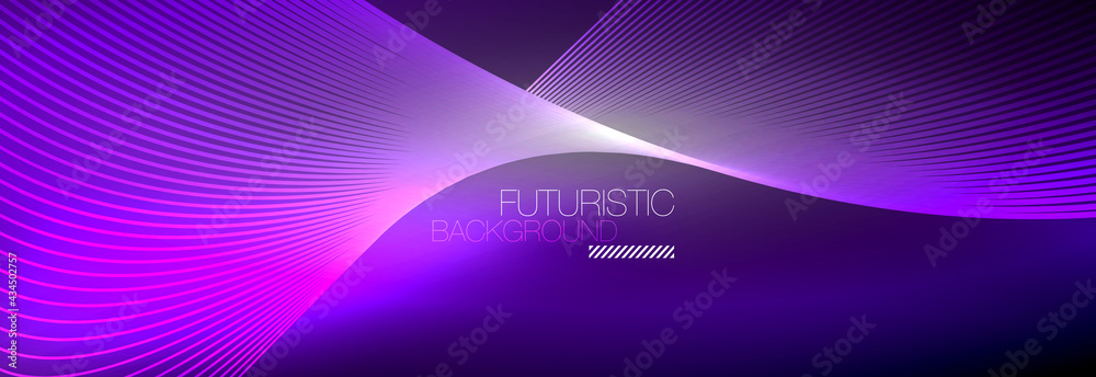 Abstract neon glowing light in the dark with waves. Shiny magic energy and motion concept, vector abstract wallpaper background Abstract neon glowing light in the dark with waves. Shiny magic energy and motion concept, vector abstract wallpaper background