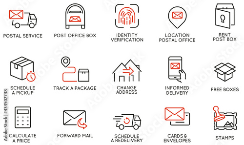 Vector Set of Linear Icons Related to Address Change Post Office and Postal Service. Mono Line Pictograms and Infographics Design Elements