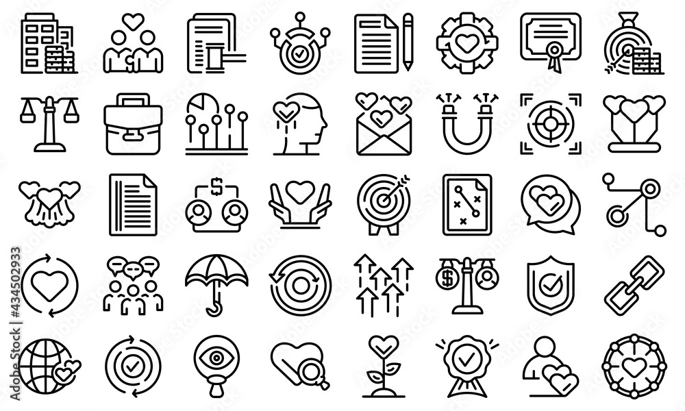 Trust relationship icons set. Outline set of trust relationship vector icons for web design isolated on white background Trust relationship icons set. Outline set of trust relationship vector icons for web design isolated on white background