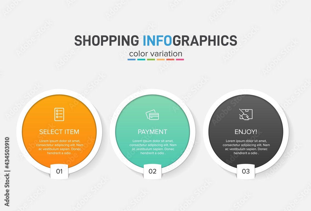 Concept of shopping process with 3 successive steps. Three colorful graphic elements. Timeline design for brochure, presentation, web site. Infographic design layout. Concept of shopping process with 3 successive steps. Three colorful graphic elements. Timeline design for brochure, presentation, web site. Infographic design layout.