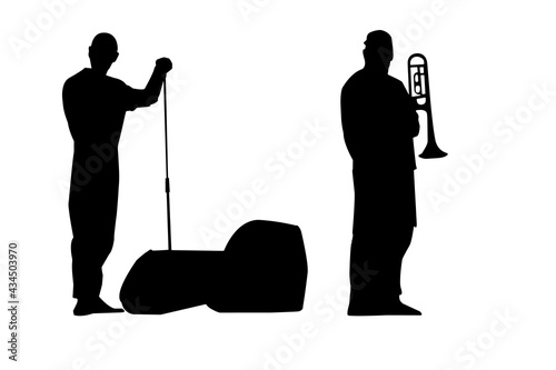 Black silhouettes of a rock singer with microphone stand in his hand and trumpeter with trumpet against a white background.