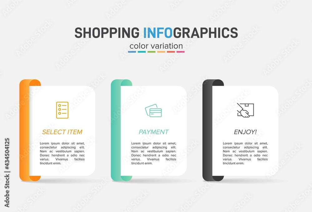 Obraz premium Concept of shopping process with 3 successive steps. Three colorful graphic elements. Timeline design for brochure, presentation, web site. Infographic design layout.