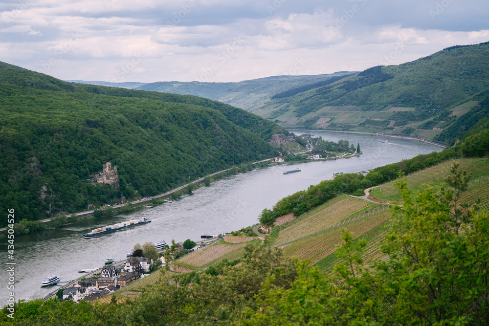 Aerial photography of the turn of the Rhine Valley in Germany, with the small towns and castles on both sides Aerial photography of the turn of the Rhine Valley in Germany, with the small towns and castles on both sides