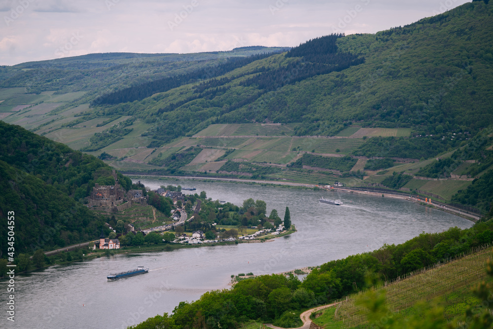 Aerial photography of the turn of the Rhine Valley in Germany, with the small towns and castles on both sides
