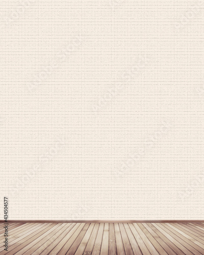 Empty room with wall and wooden floor. Mock-up of empty room and wood laminate floor. Detailed wood floor and classic wall. Concept or conceptual vintage or beige background.Idea for poster background