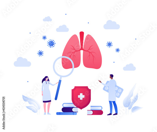 Respiratory system disease treatment and research concept. Vector flat medical illustration. Human lung, medicine capsule and magnifier glass sign. Male and female doctor scientist team.