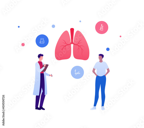Respiratory system disease treatment and healthcare checkup concept. Vector flat medical people illustration. Human lung and no smoking sign. Doctor and patient character. Design for health care.