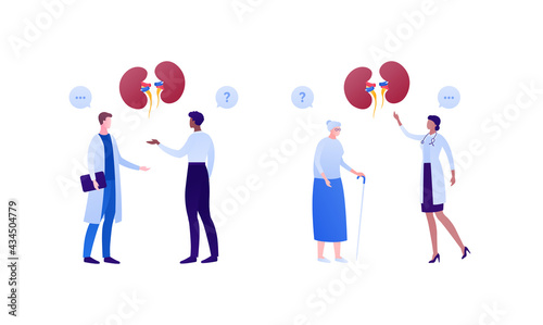 Nephrology disease treatment and healthcare checkup concept. Vector flat medical people illustration. Human kidneys sign. Male and female doctor and patient character. Design for health care.