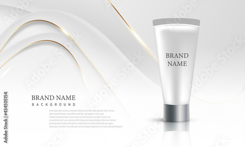 Branding products cosmetic tube pack Of Cream Abstract white gold background poster beauty with dynamic.