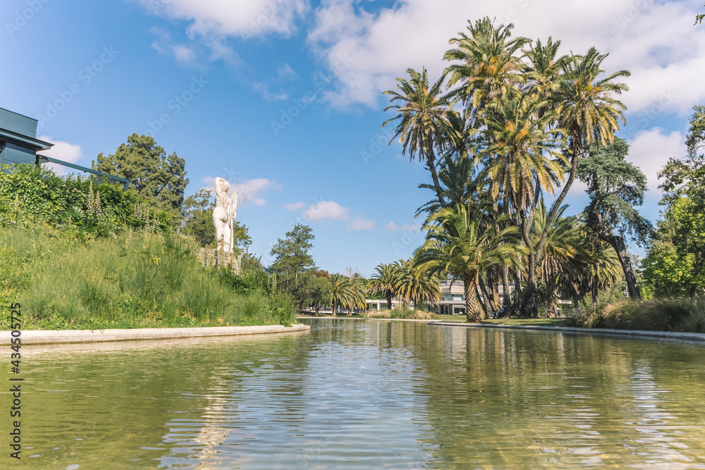 beautiful park with palm trees and a small river.