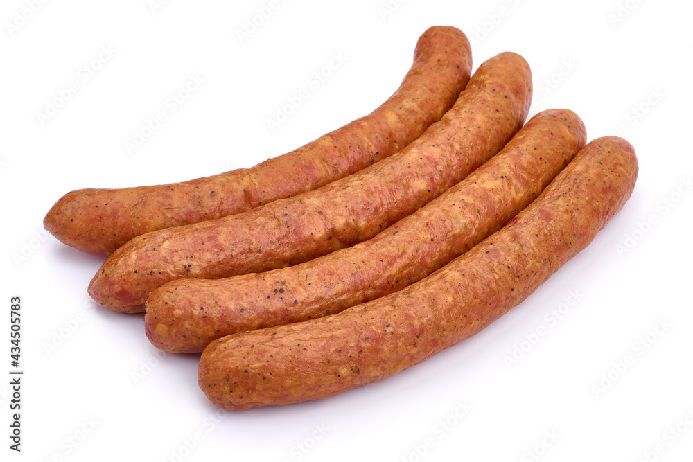 Smoked sausages, isolated on white background. High resolution image. Smoked sausages, isolated on white background. High resolution image.