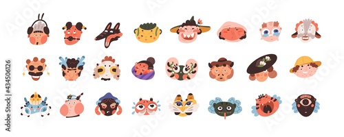 Avatars of abstract funny crazy characters with different emotions. Set of cute whimsical face icons. Profiles of ugly bizarre creatures. Colored flat vector illustration isolated on white background