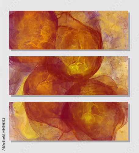 Abstract alcohol ink colors banner set. Mixing paints.