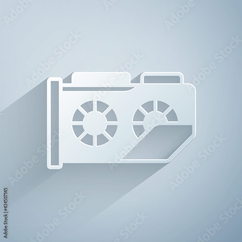 Paper cut Video graphic card icon isolated on grey background. Paper art style. Vector